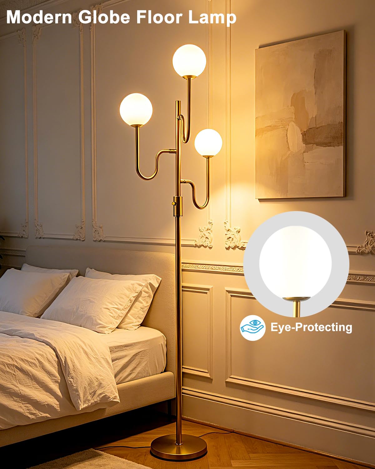 68IN Globe Gold Floor Lamp Dimmable Floor Lamps with 3000K Soft Warm White for Wedding (3 Globe-Gold Arm)