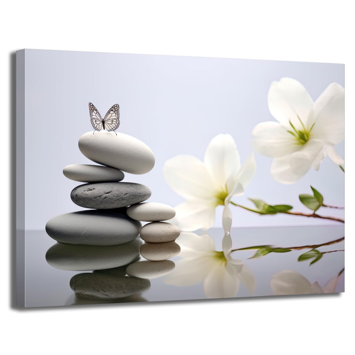 Zen Stone Canvas Wall Art Spa Stone with White Flower and Butterfly Picture Bathroom Wall Art Modern Spa Artwork for Spiritual Yoga Room Bedroom Picture Wall Decor (Zen Stone 03 / 42"L x 28"W)