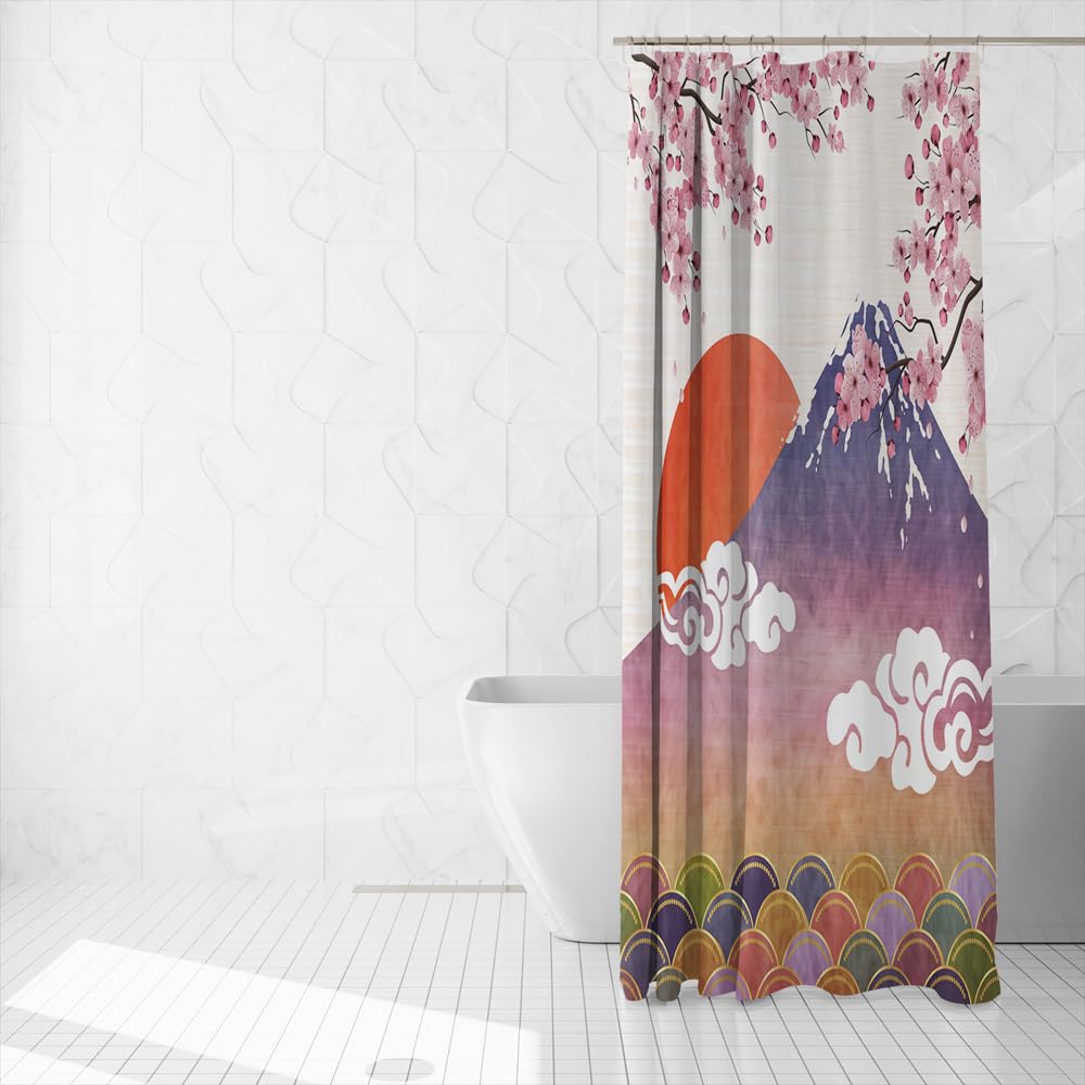 Japanese Cherry Blossom Shower Curtain Set for Bathroom Asia Cherry Blossom Shower Curtain Sun Clouds Pink Purple Fuji Mountain Sea Ocean Wave Spring Floral Flowers Waterproof Fabric (72"W x 78"L (Pack of 1) / Pink Purple)