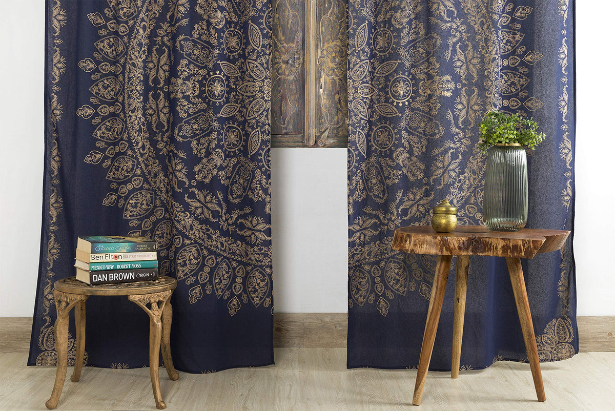 Indian Hippie Mandala Bohemian Beautiful Blue Gold Window Drapery Curtain Bedroom Living Room Balcony Valance Panels (38"W x 83"L (Pack of 2) / Blue Gold)
