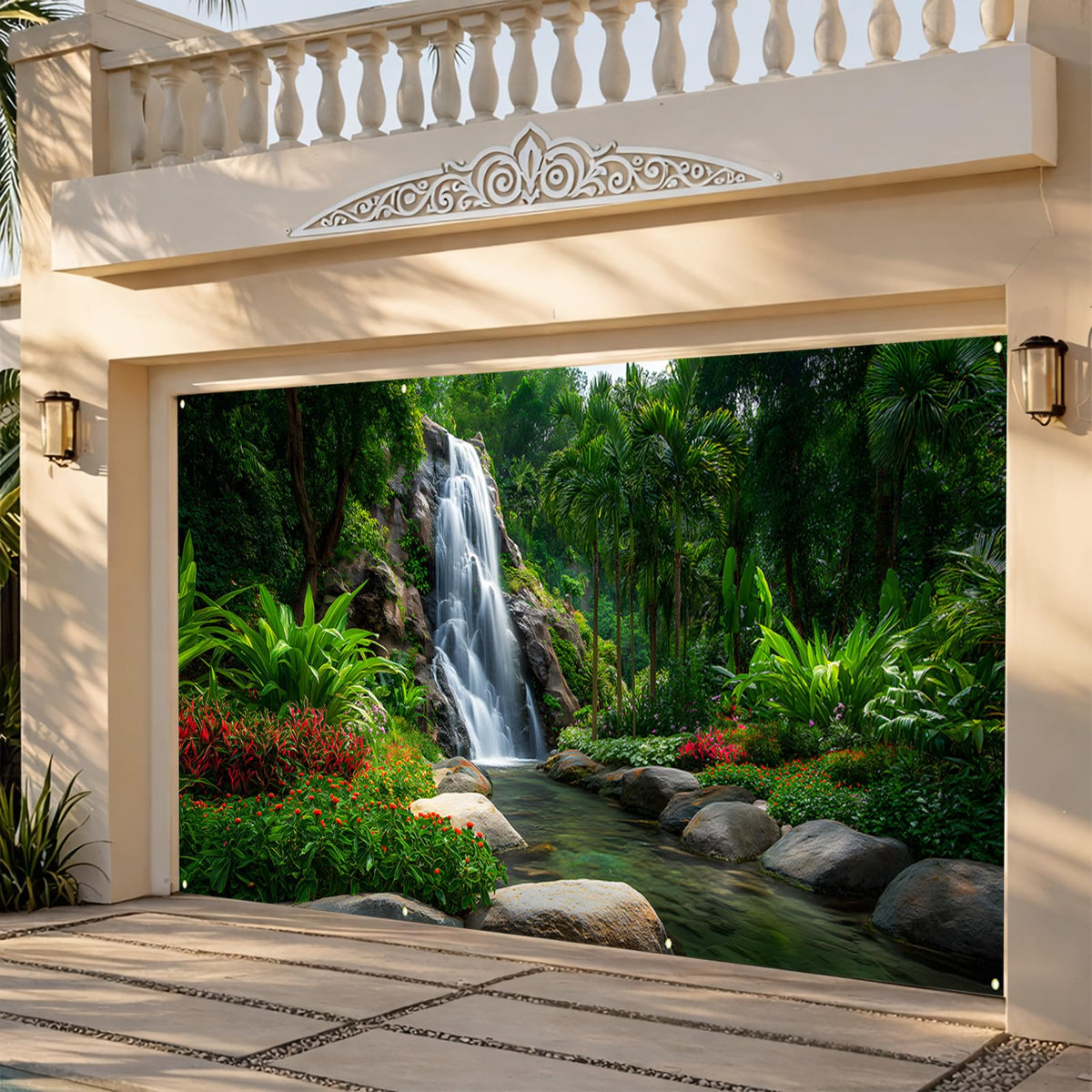 Waterfalls Garage Door Cover Banner (Green Scenic Waterfall)