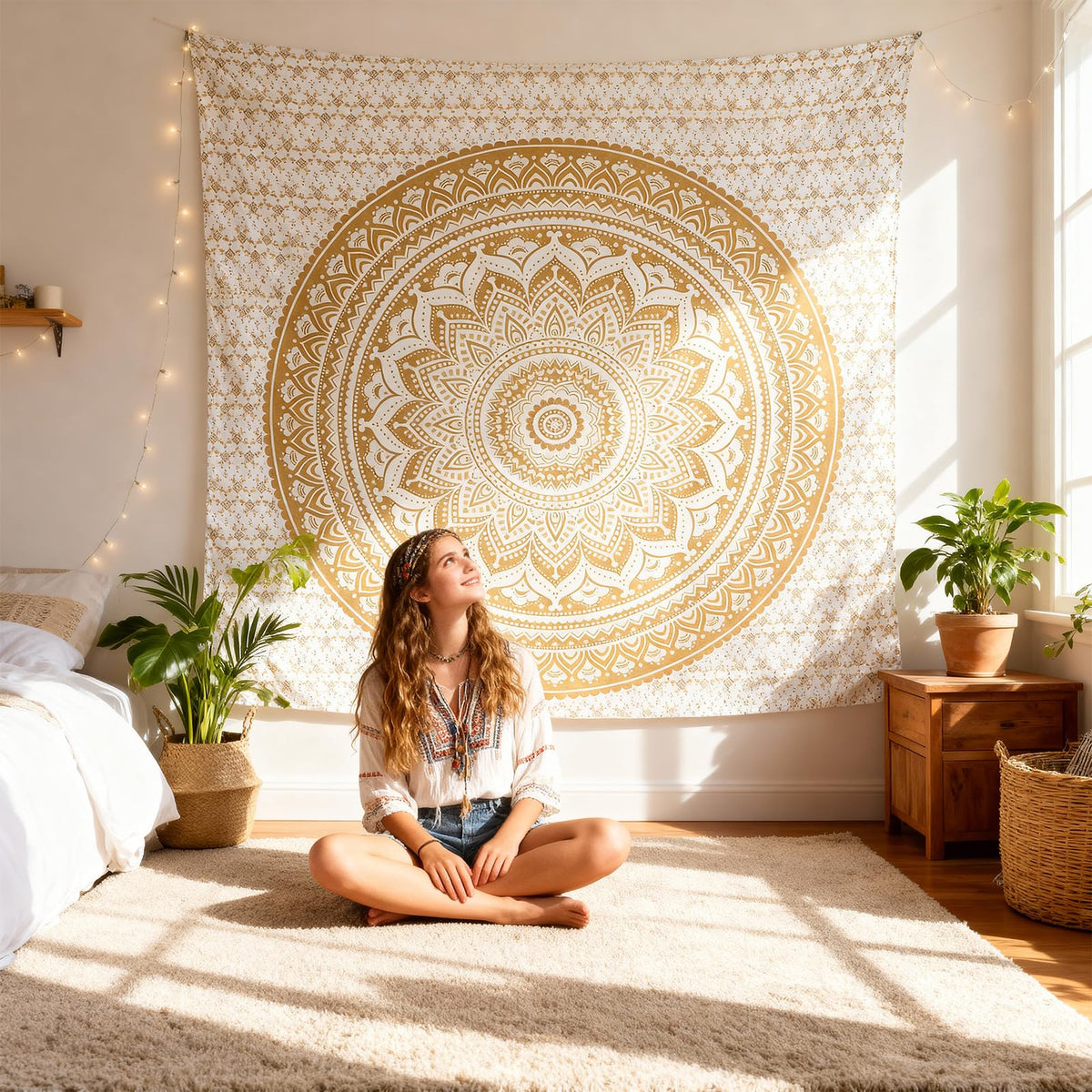 Handmade Cotton Mandala Wall Tapestry (White Gold / 60"L x 50"W)