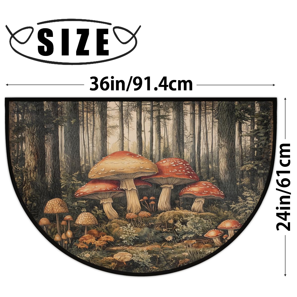 Mushrooms Forest Half Round Door Mat Non Slip Washable Semi Circle Area Rug Absorbent Soft Half Moon Rug Floor Mat for Indoor Outdoor Kitchen Bathroom Patio Front Door Mat Decor (B71)