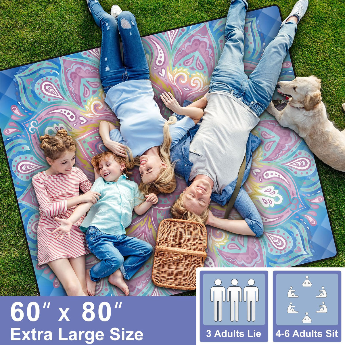 60x80 Waterproof Picnic Blankets Outdoor Oversized Sand Free Beach Blanket Portable Couples Yoga Meditation Mat Lawn Patio Concert Necessities Summer Vacation Garden Camping Essentials Gifts (Blue and Pink Mandala / 6'8" x 5' (Rectangular))