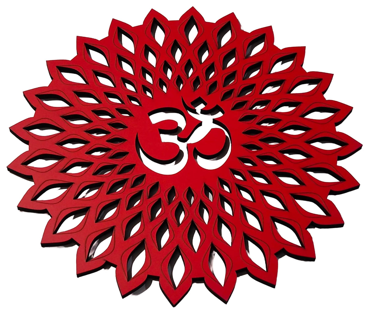 Red Om Round Decorative Wall Art Mdf Wooden Om Chakra For Temple (Marking OM-Red / 12"L x 12"W)