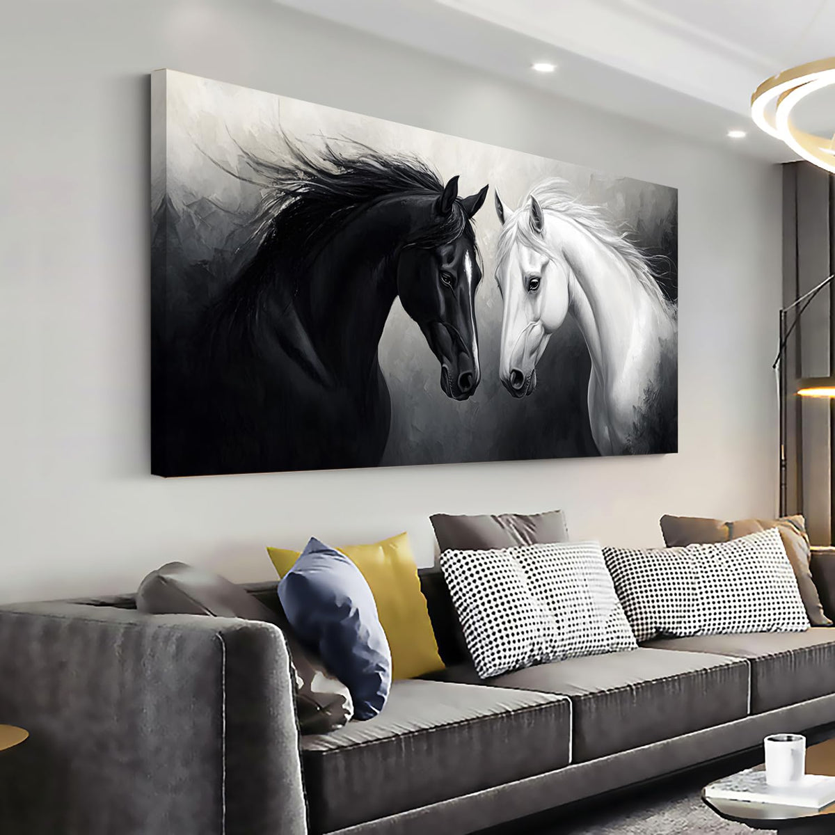 Multicolor Oil Painting Two Horses Wall Art for Living Room Office Classical Art Equine Portrait Painting Prints Vintage Canvas Artwork Dining Bedroom Decor Extra Large (Abstract / Black White Two Horses Wall Art / 58"L x 28"W)