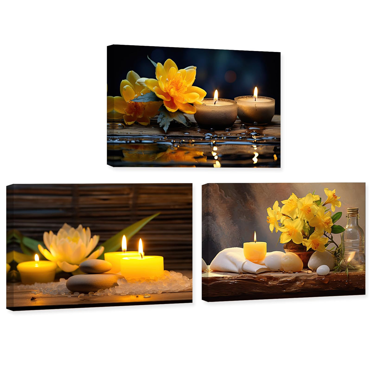 3 Piece Zen Canvas Wall Art Spa Still Life Meditate Painting Yellow Flower Picture Print for Bathroom Yoga Decor Frame (Zen Flower - 2 / 12.00x16.00inchx3 Pieces)