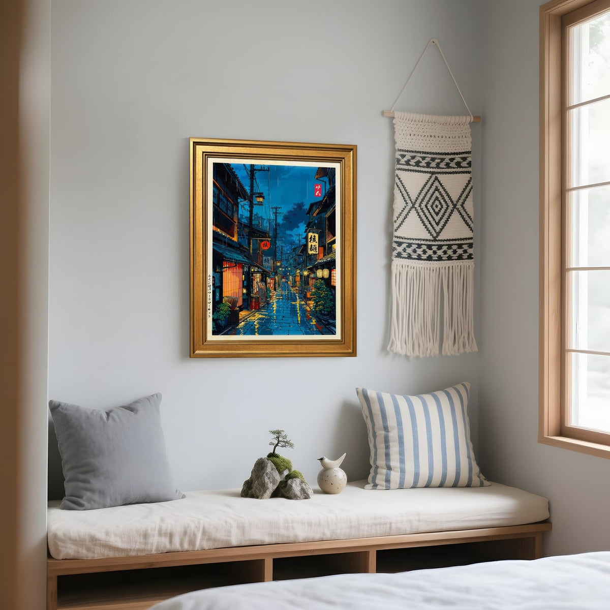 Japanese Tokyo Tea House Wall Art Poster Kyoto Night Street Art Canvas Print Retro Japan Illustration Wall Decor Vintage Urban Street Scene for Bedroom Living Room Aesthetic 8x12inch Vintage Framed (8"L x 12"W / style-1 Vintage Framed)