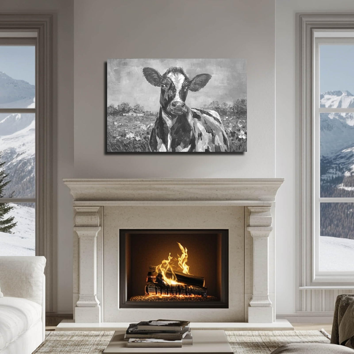 Funny Animal Wall Art Spring Pictures Wall Decor Grey Wall Decoration for Dining Room Living Room Office 24"×36" Ready to Hang (36"L x 24"W / Black & white cows)