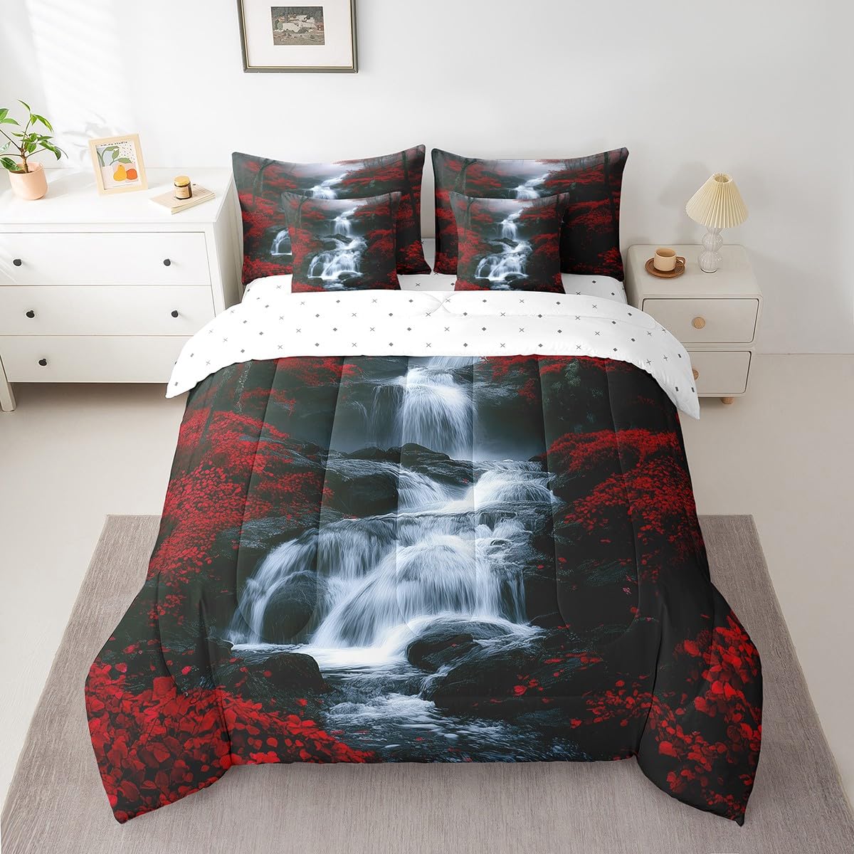 Waterfall Comforter Set Full Size 7 Piece for Boys Girls Teens (White and Red / Full)