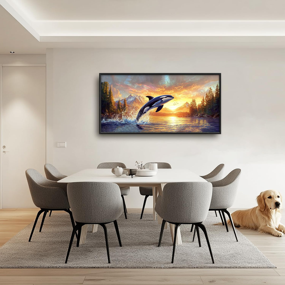 Extra Large Orca Whale Sunset Framed Wall Art for Living Room (60"L x 30"W / Orca)