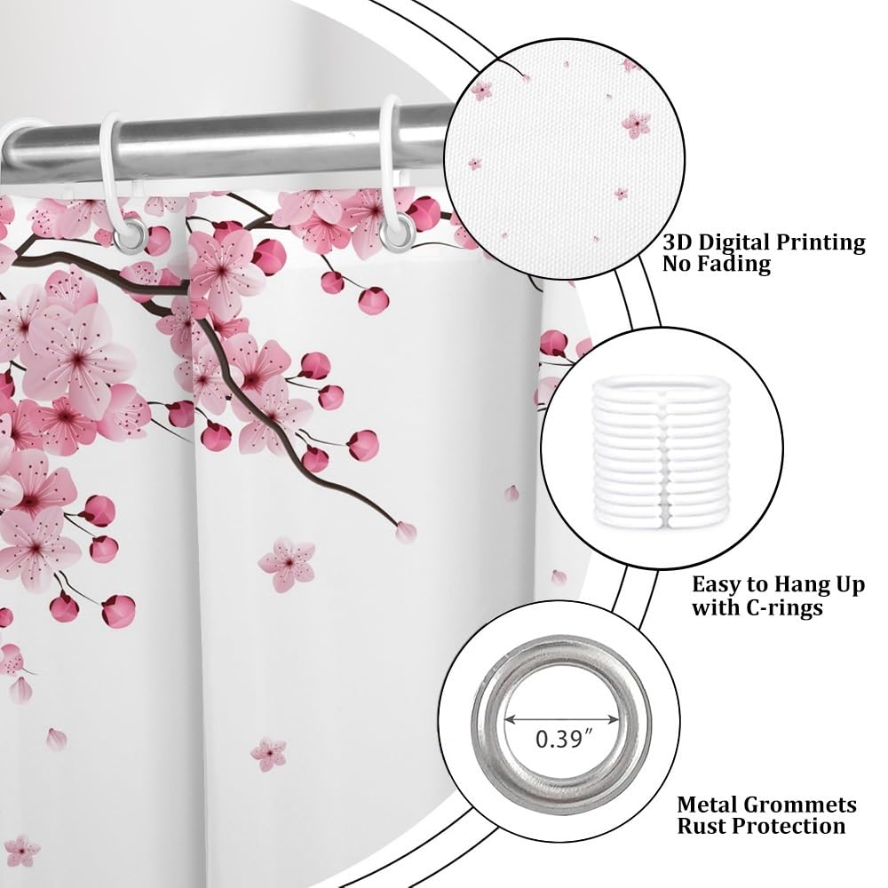 Pink Cherry Blossom Shower Curtains for Bathroom Watercolor Spring Floral Shower Curtain Sets Janpenese Asian Style Shower Curtain Bathroom Curtains Set with Hooks 72x78 Inch (72"W x 78"L (Pack of 1) / Pink-33)