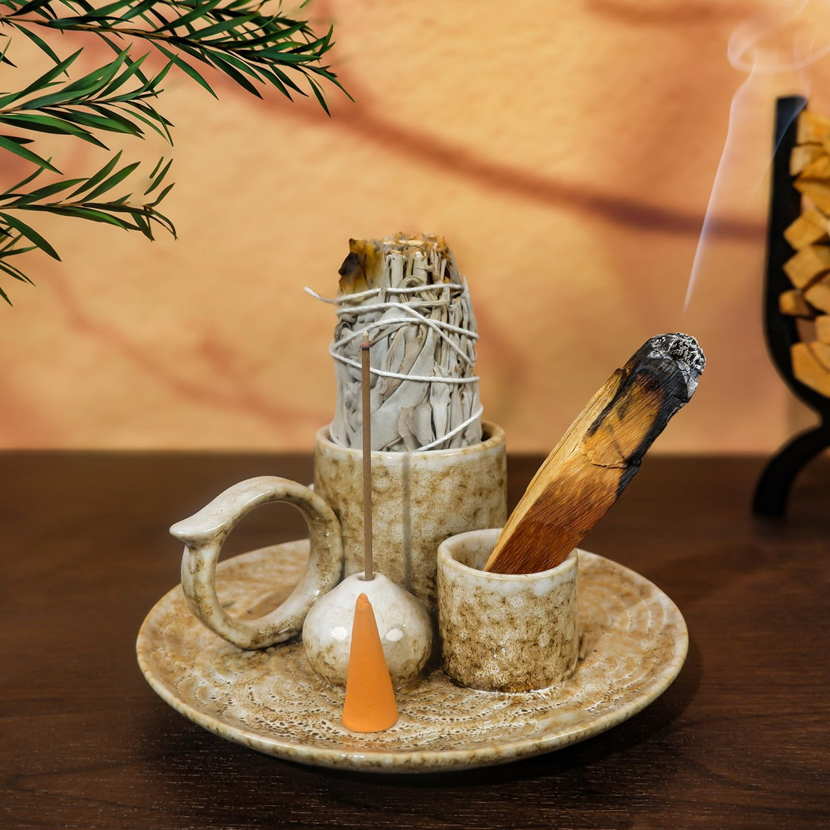 5 in 1 Ceramic Tabletop Incense Burner Holder for Palo Santo (Brown)