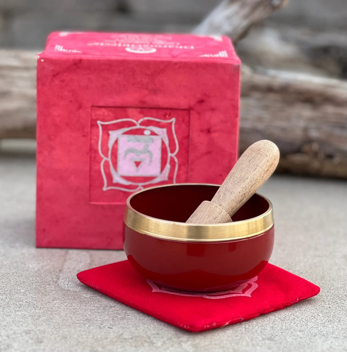 Tibetan Root Chakra Premium Palm Size Singing Bowl Gift Box Set (Red)