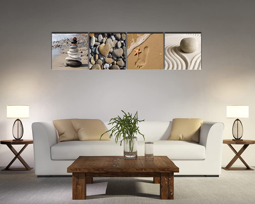 Canvas Prints Wall Art Romantic Beach Theme Zen Stone Pictures Paintings for Living Room Kitchen Home Decor Large Modern 4 Panels Stretched and Framed Seascape Sea Beach Artwork L (20x20inchx4pcs (50x50cmx4pcs))