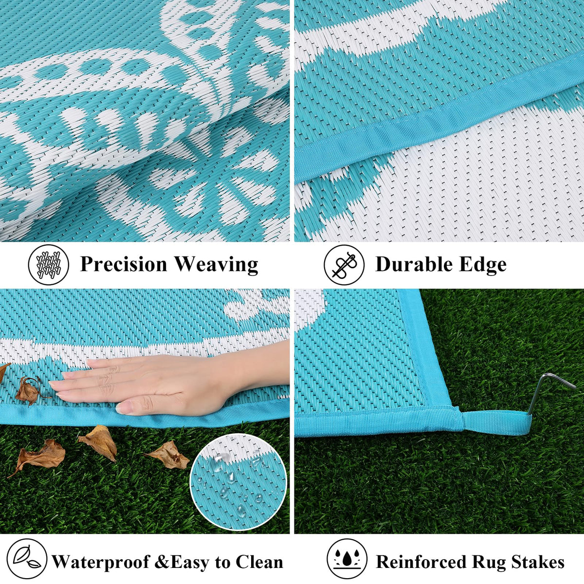 Waterproof Outdoor Rug 6ft Round Reversible Boho Plastic Straw Patio Deck Camping Rugs (Flower Teal / 6' (Round))