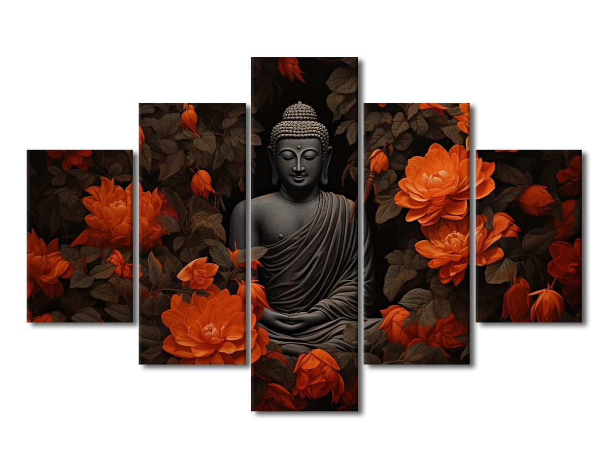 Buddha Canvas Wall Art Modern 5 Panel Poster Artwork Black Background Wall Art Decor Buddha Statue Surrounded By Flowers Painting for Bedroom Decoration Stretched and Framed Ready to Hang 60x40 in (60x40 in / 5PANEL-05)