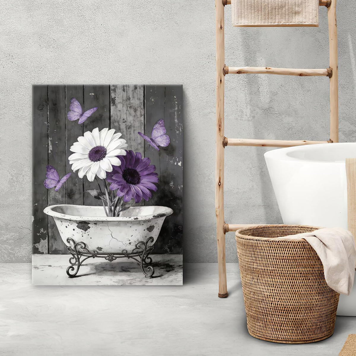 Vintage Bathroom Canvas Wall Art Retro Painting Framed ArtWork 16"x20" (Vintage Flower / 20"L x 16"W)