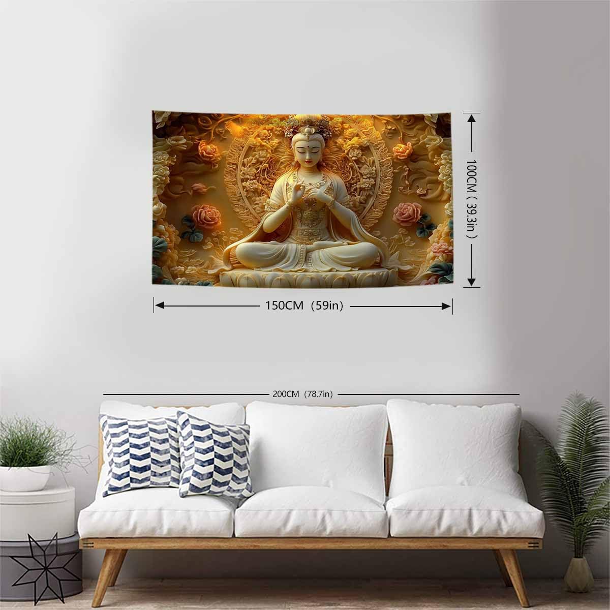 Sitting White Buddha Tapestry Wall Hanging Buddhist Statue With Flower Meditation Wall Decor Zen Art Psychedelic Indian Wall Blanket for Bedroom Living Room Home Decor (White / 59"L x 39"W)