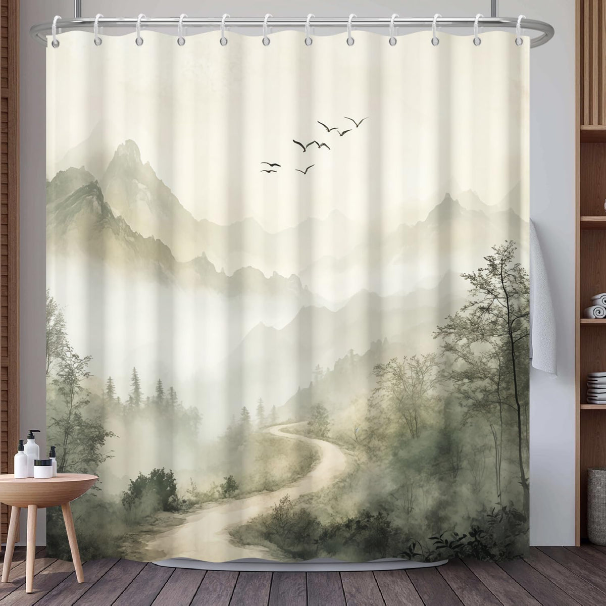 Mountain Landscape Shower Curtain with Hooks (Mountain Forest)