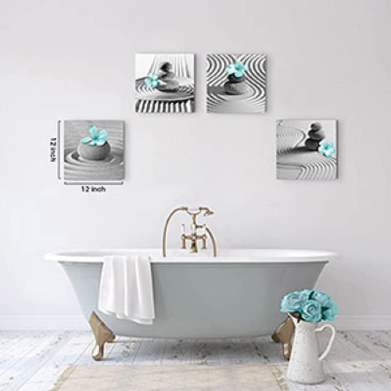 Gray Wall Art Zen Wall Art Teal Floral Paintings Black and White Decor Zen Stone Sand Pebble Canvas Flower Artwork for Wall Home Decoration Bathroom Wall Decor 12''x12''x4pcs (Teal Gray Wall Art / 12"L x 12"W x 4 pcs)
