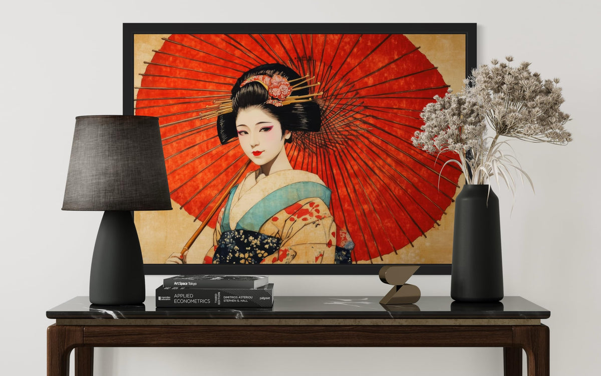 Red Geisha Black Framed Wall Art Print Poster (Red Geisha / 14"L x 11"W)