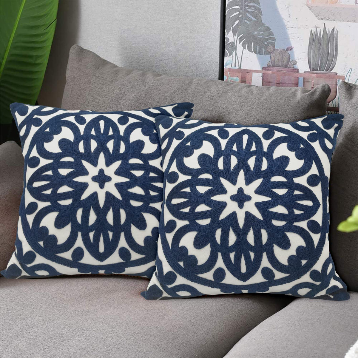 Boho Embroidered Throw Pillow Cover 18"x18" Set of 2 (Navy / 18" x 18" (Pack of 2))