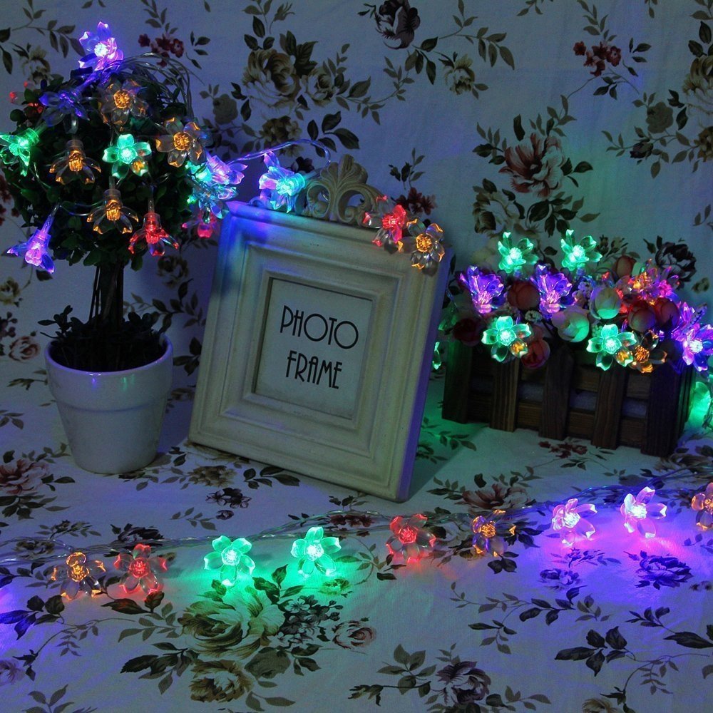 Remote Battery Operated Sakura String Lights 40 LED Flower Fairy Light on 16.4 ft PVC String 8 Lighting Mode with Timer and Dimmer Function + Remote Control for Indoor and Outdoor (sakura / Multicolor)