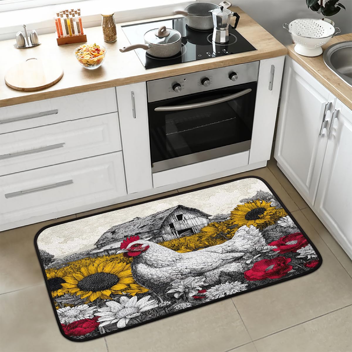 Retro Rooster Kitchen Rug Non (Color28)
