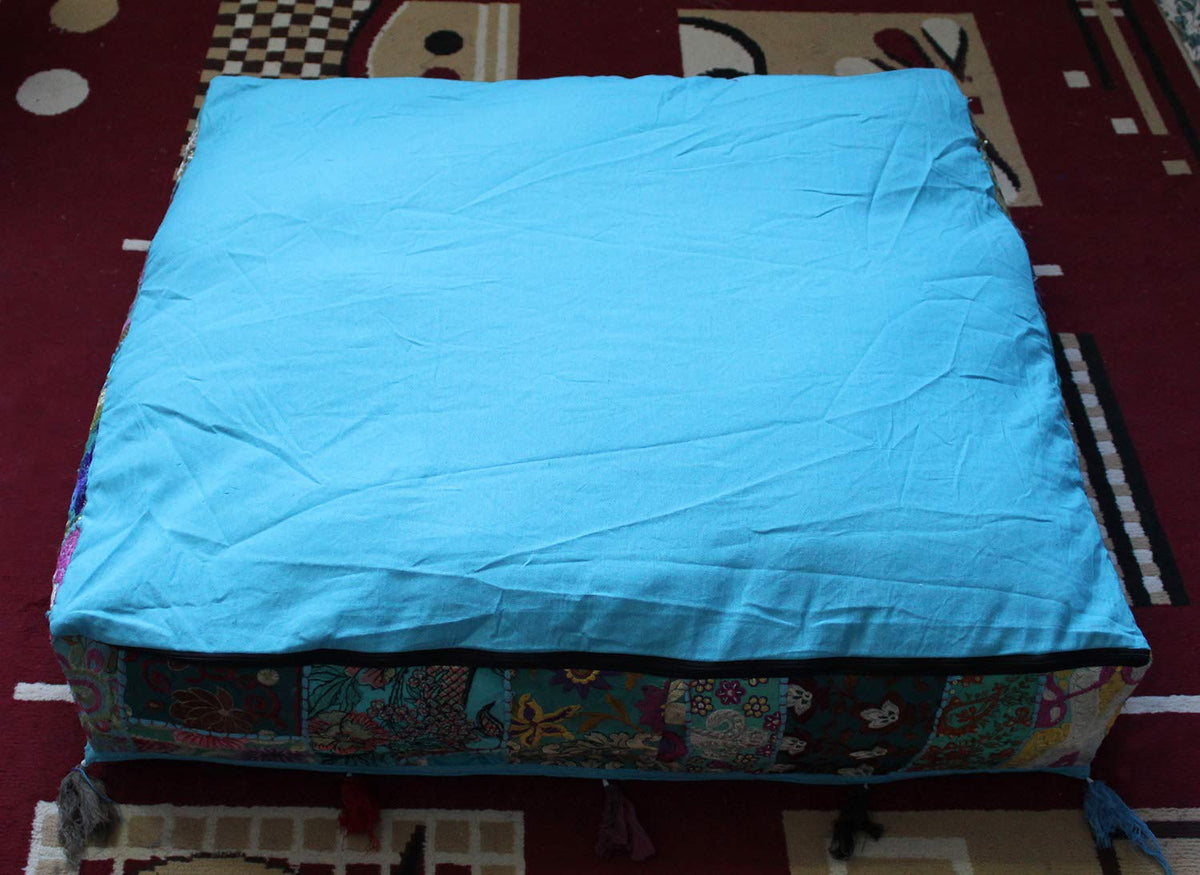 Indian Square Patchwork Traditional Pouf Cover Indian Living Room Poufs Decorative Embroidered Designer Ottoman Home Living Footstool Chair Cover Decor Pillow Cover 35 inches (35"D x 35"W x 5"H / Sky Blue)