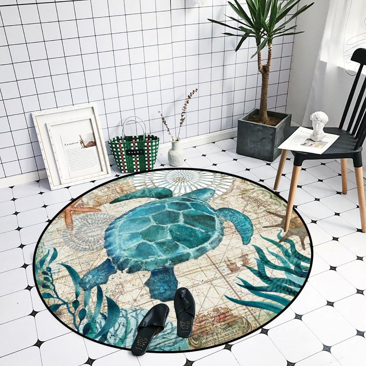 Round Area Rugs 2 FT Washable Non Slip Circle Rug (Turtle Vintage Ocean Animal Style / 2' (Round))