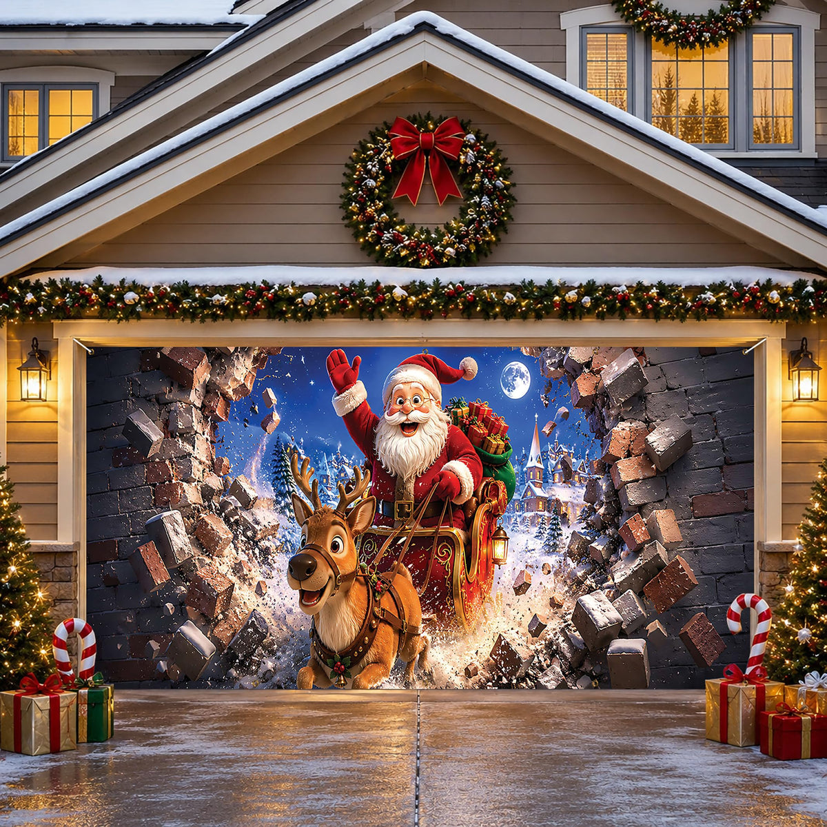 Christmas Garage Door Cover Banner Santa Reindeer Sleigh Backdrop (Santa Claus-1)