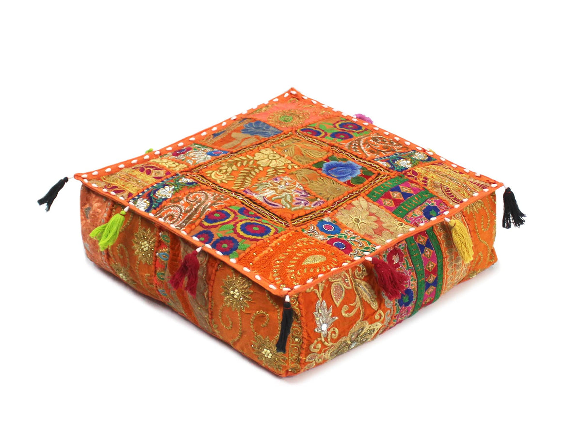 Indian Square Patchwork Traditional Pouf Cover Indian Living Room Poufs Decorative Embroidered Designer Ottoman Home Living Footstool Chair Cover Decor Pillow Cover 16x16x5 inches (16"D x 16"W x 5"H / Orange)