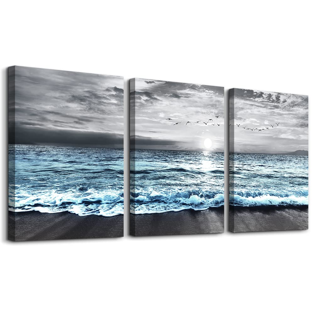 Framed Canvas Wall Art (16x24 inches (Set of 3 Panels) / Blue Ocean Beach)