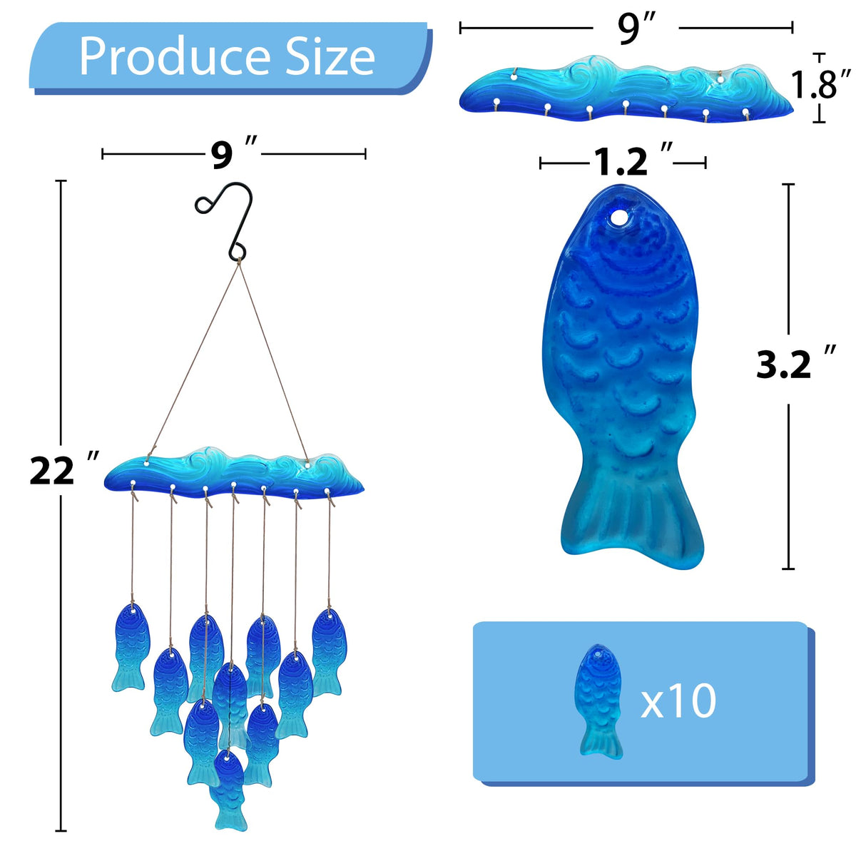 Sea Glass Fish Wind Chimes for Outside