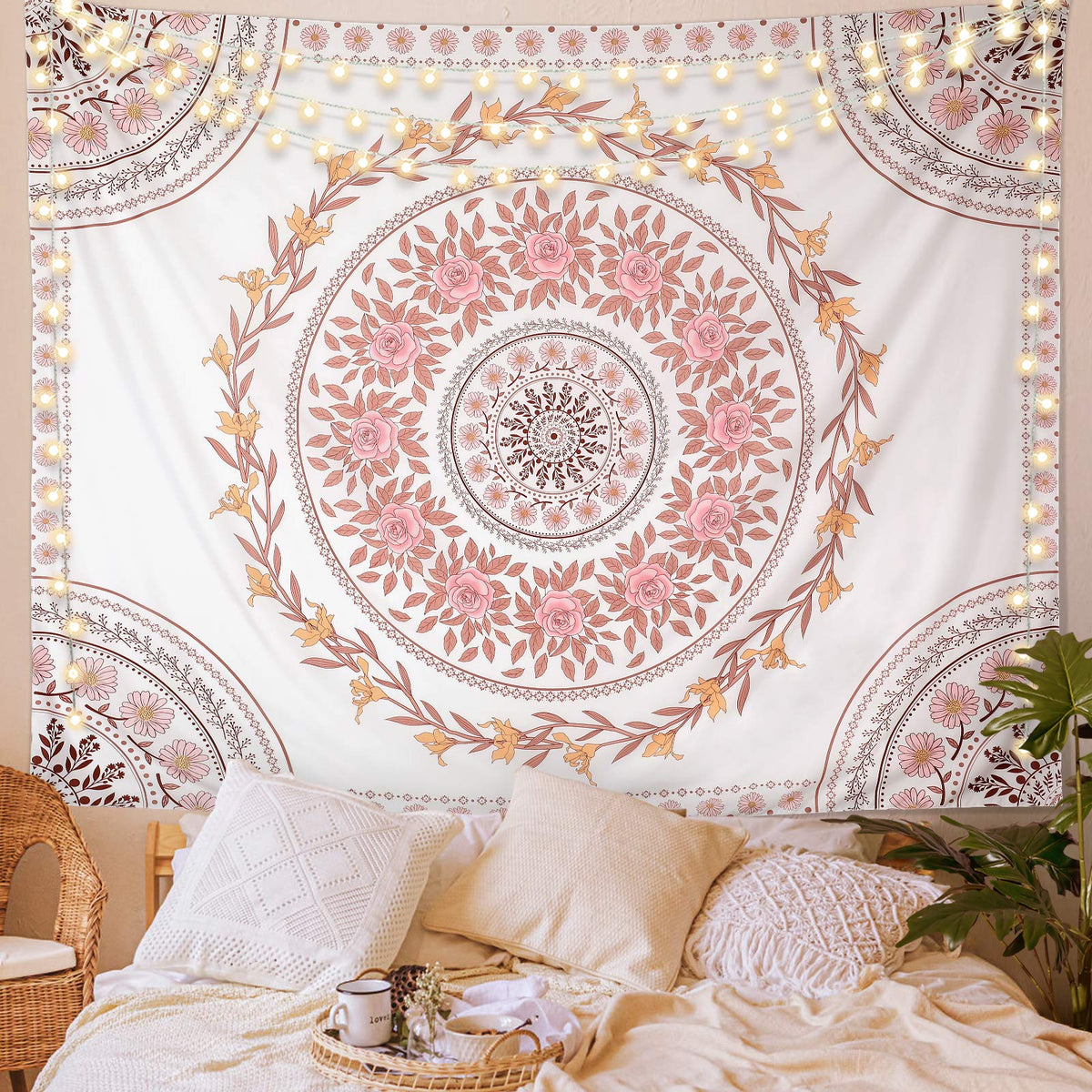 Wall Tapestry for Bedroom Aesthetic Pink Mandala Wall Hanging Large Boho Trippy Tapestries Bohemian Art Tapistry Hippie Floral Tapastry Decor For Bedroom Ceiling Living Room Dorm (92"L x 71"W / Boho Tapestry-White)