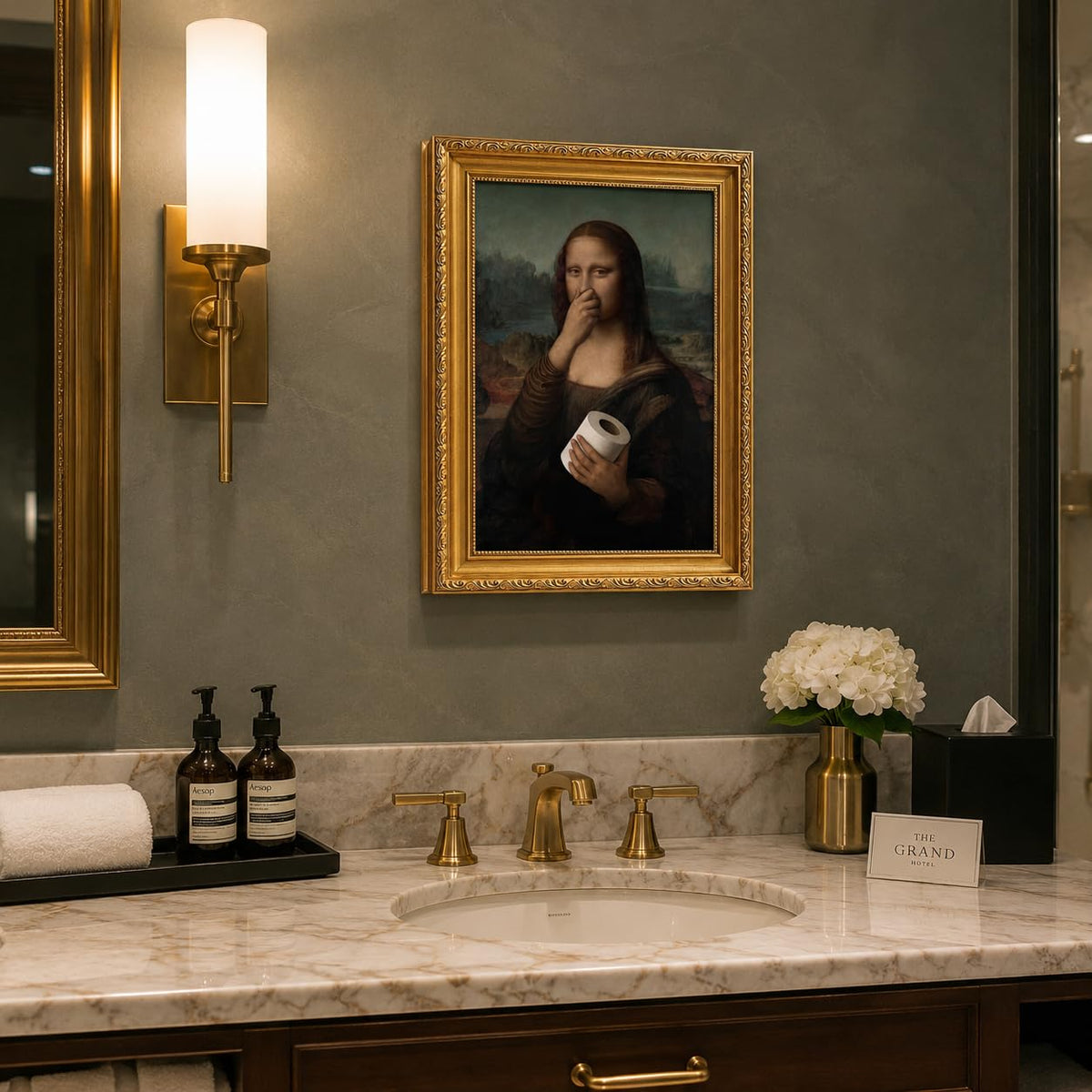 Gold Framed Bathroom Wall Art Mona Lisa Humor Amusing Toilet Art Pinching Nose Wall Decor Funny Vintage Painting Picture Print Whimsical Restroom 9x11 inch Small Framed (Mona Lisa / 11L" x 9W")