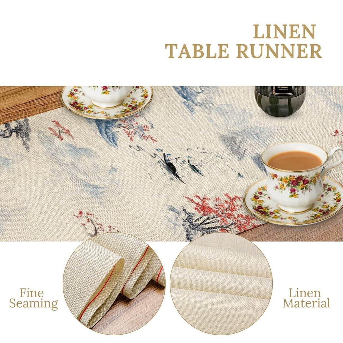 Chinese Ink Mountain Table Runner (13x90inch / Blue Mountain Boat)