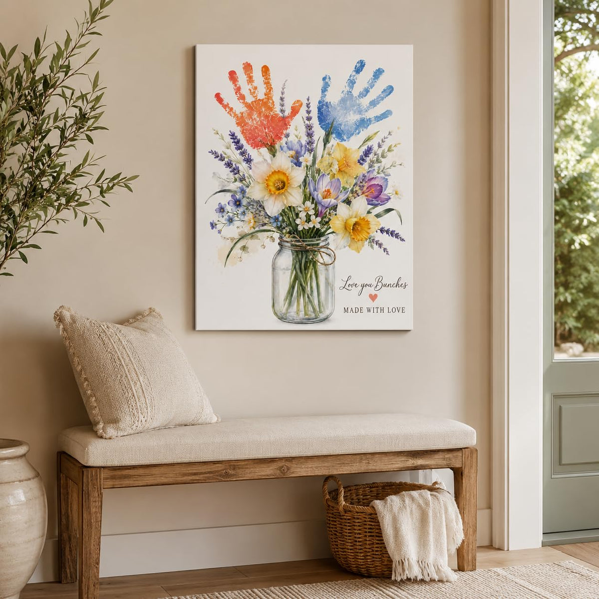 Handprint Floral Canvas Wall Art Framed Home Gift Home Decor 16x24 Inch (Floral Handprint / 24"L x 16"W)
