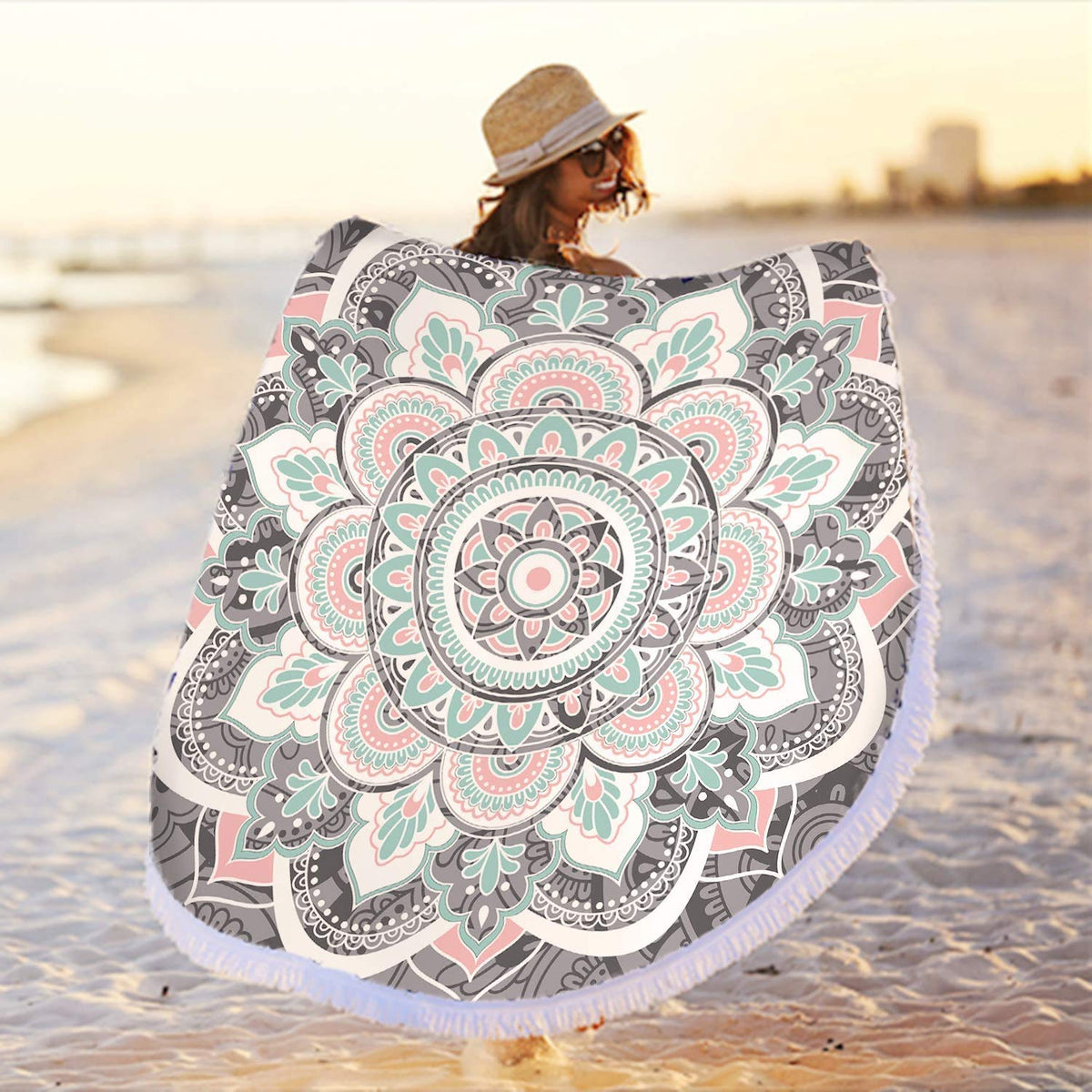 Mandala Round Boho Beach Towel Blanket (Grey & Pink Mandala Beach Towel)