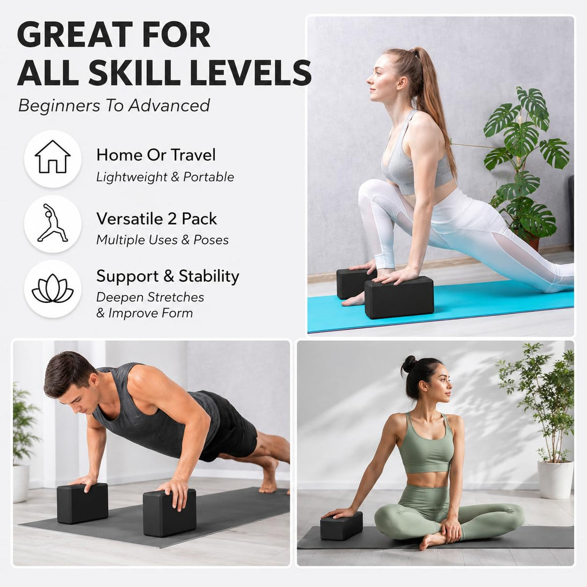 Yoga Blocks 2 Pack EVA Foam Gym Bricks Pilates Stretch Black (Black / 9 x 6 x 3 inch)