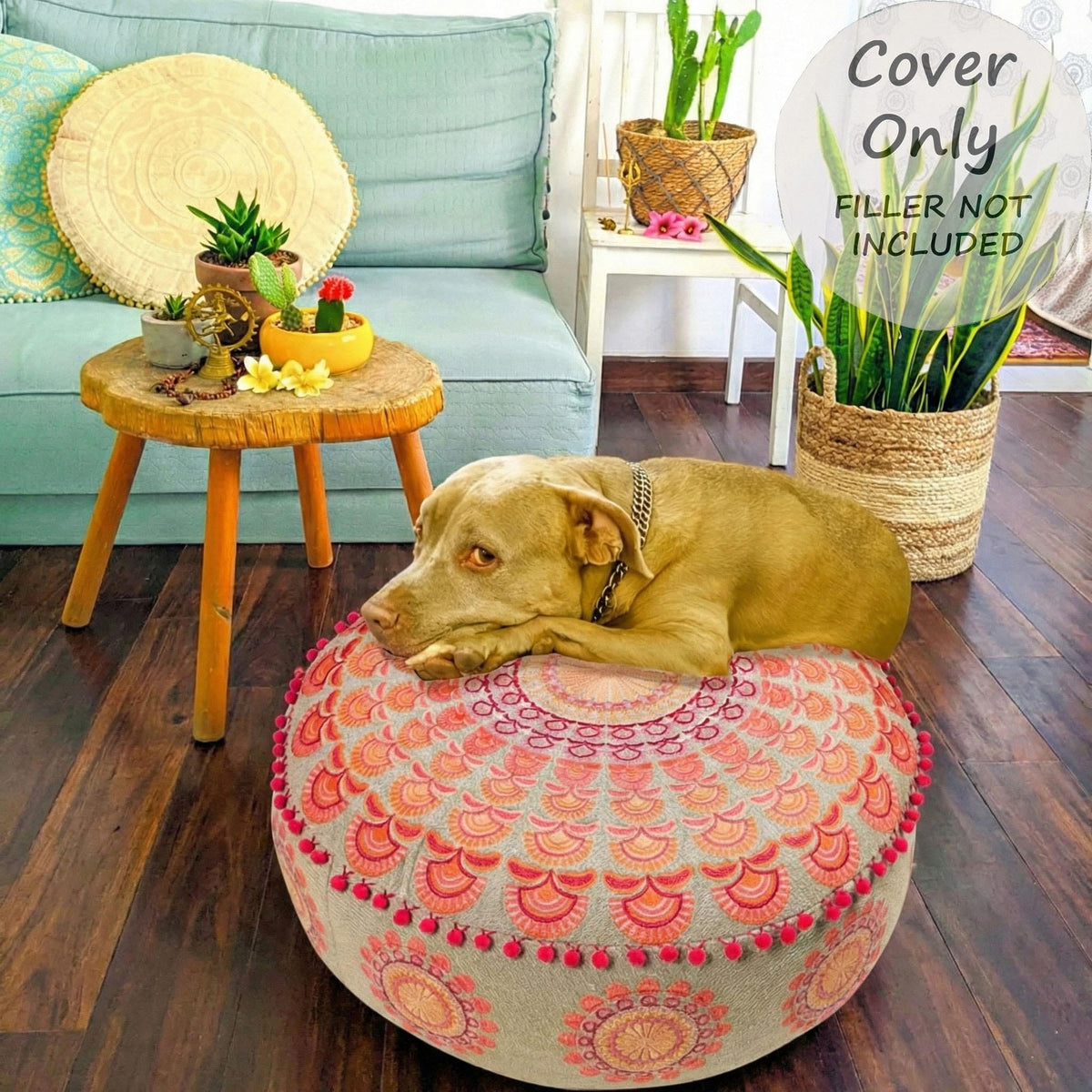 Large Boho Pouf Cushion Cover Pink Round Floor Pillow Luxury Kids Room Décor Cotton Pouf Ottoman Cushion for Meditation Yoga (Pouf Cover / Pink Peacock)