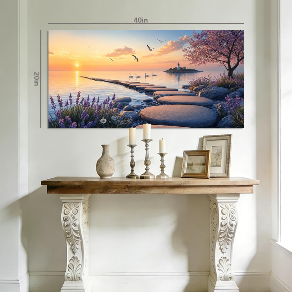 Tranquil Sunset Seascape Canvas Wall Art Stepping Stones to Island Lighthouse Painting Flat Print Spring Cherry Blossom Lavender Picture Gallery Wrapped Artwork for Living Room Bedroom Bathroom Decor (Coastal / Lavender Lighthouse Sea 38 / 58"L x 28"W)
