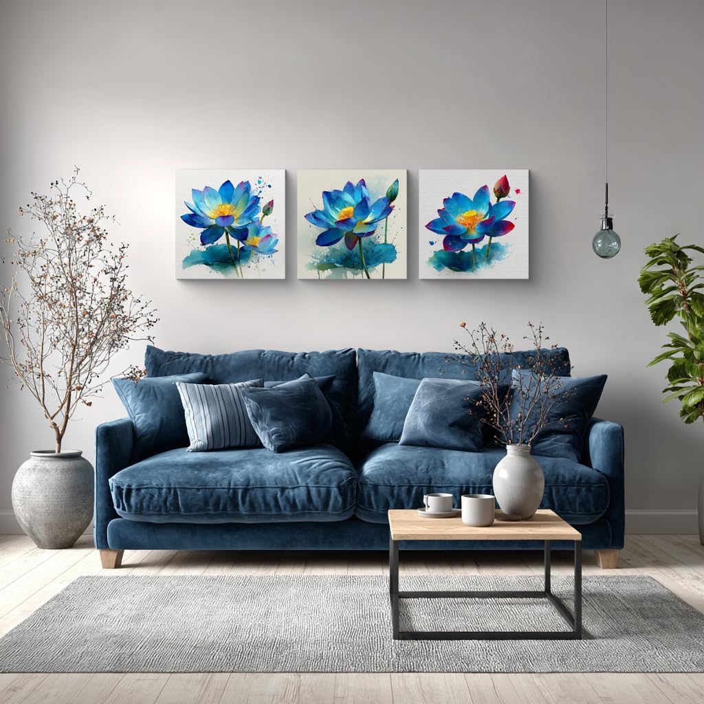 3Pcs Blue Lotus Watercolor Canvas Wall Art Print Blooming Flower Yellow Center Teal Purple Petals Botanical Floral Pictures for Bedroom Bathroom Living Room Decor Zen Artwork Ready to Hang (Blue Lotus / 16x16inchx3)