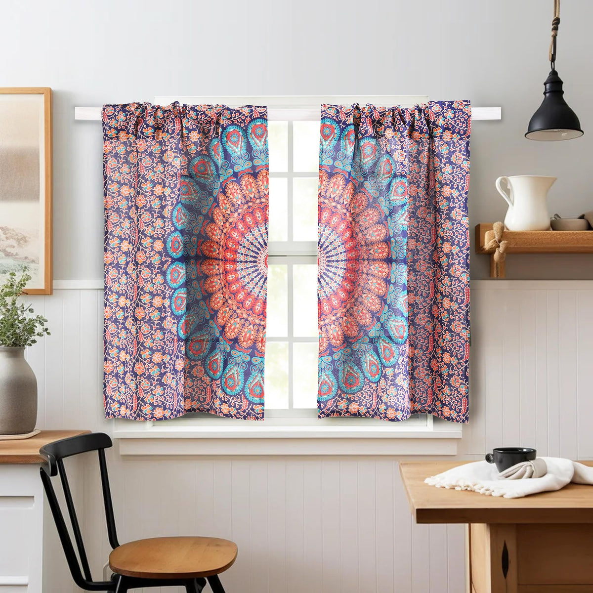 Indian Hippie Bohemian Beautiful Peacock Mandala Curtain Panels Room Divider Blue (Blue Multicolor / 18"W x 32"L (Pack of 2))
