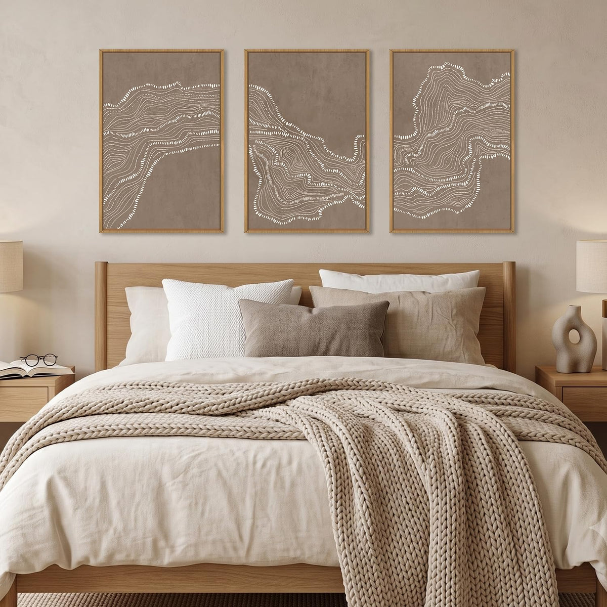 Abstract Neutral Wave Line Framed Canvas Wall Art Set (Abstract Line Wall Art / 16"L x 24"W)