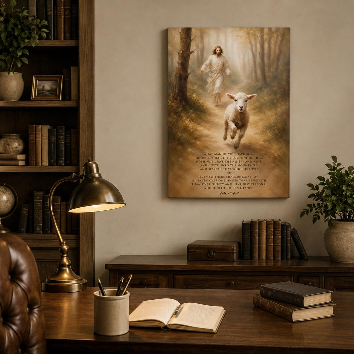 Jesus Lost Sheep Framed Canvas Wall Art Christian Faith Decor 12x16 Inches (Good Shepherd / 16"L x 12"W)