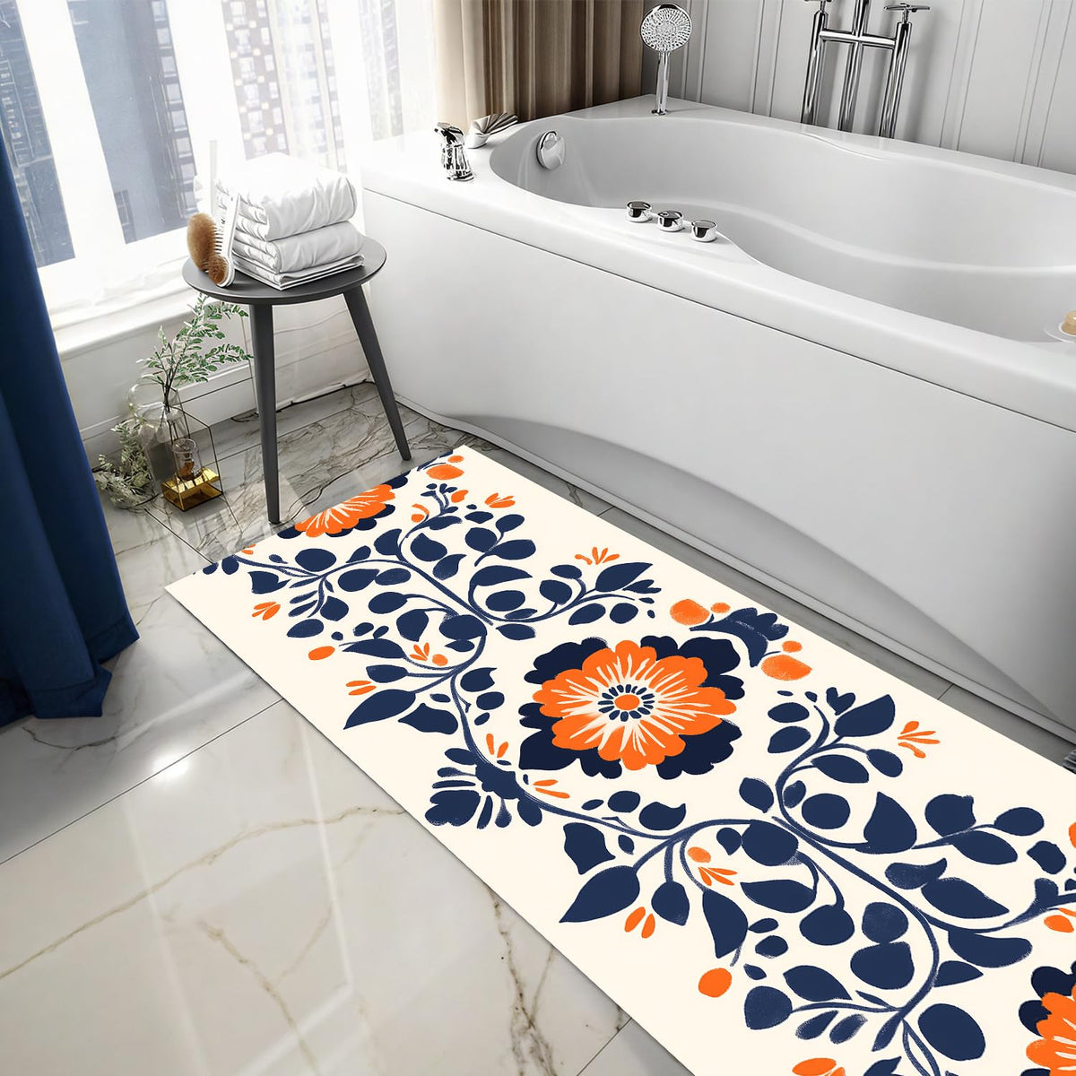 Orange & Navy Floral Laundry Room Rug 20x47 Inch (#85)