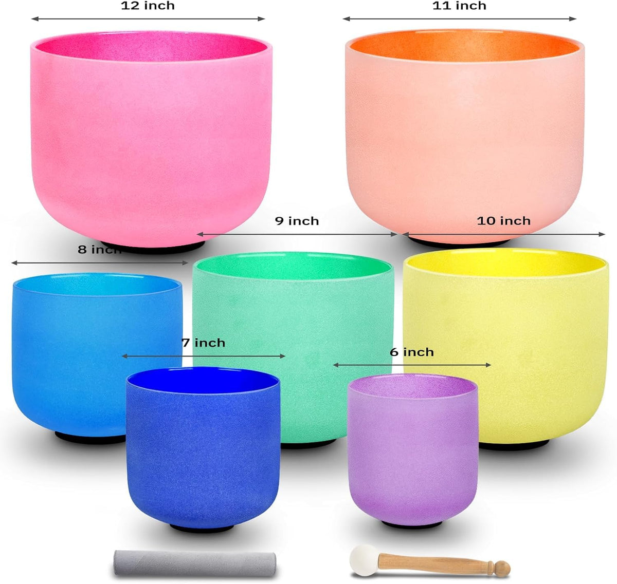 Set of 7 6 12 inch Color Tuned 432hz Quartz Crystal Singing Bowls with Heavy Duty Carrying Cases and Singing Bowl Mallets Multi (Set of 7, Colour)