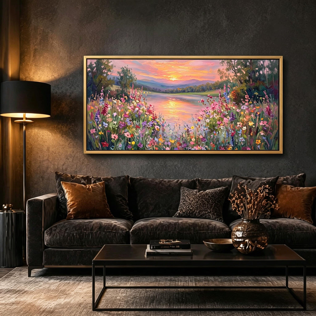 Large Floral Landscape Wall Art Wildflower Meadow Lake Sunset Painting Picture Colorful Botanical Flower Nature Canvas Wall Decor Distant Mountain Forest Print Artwork for Living Room Bedroom (Sunset / 48"L x 24"W)